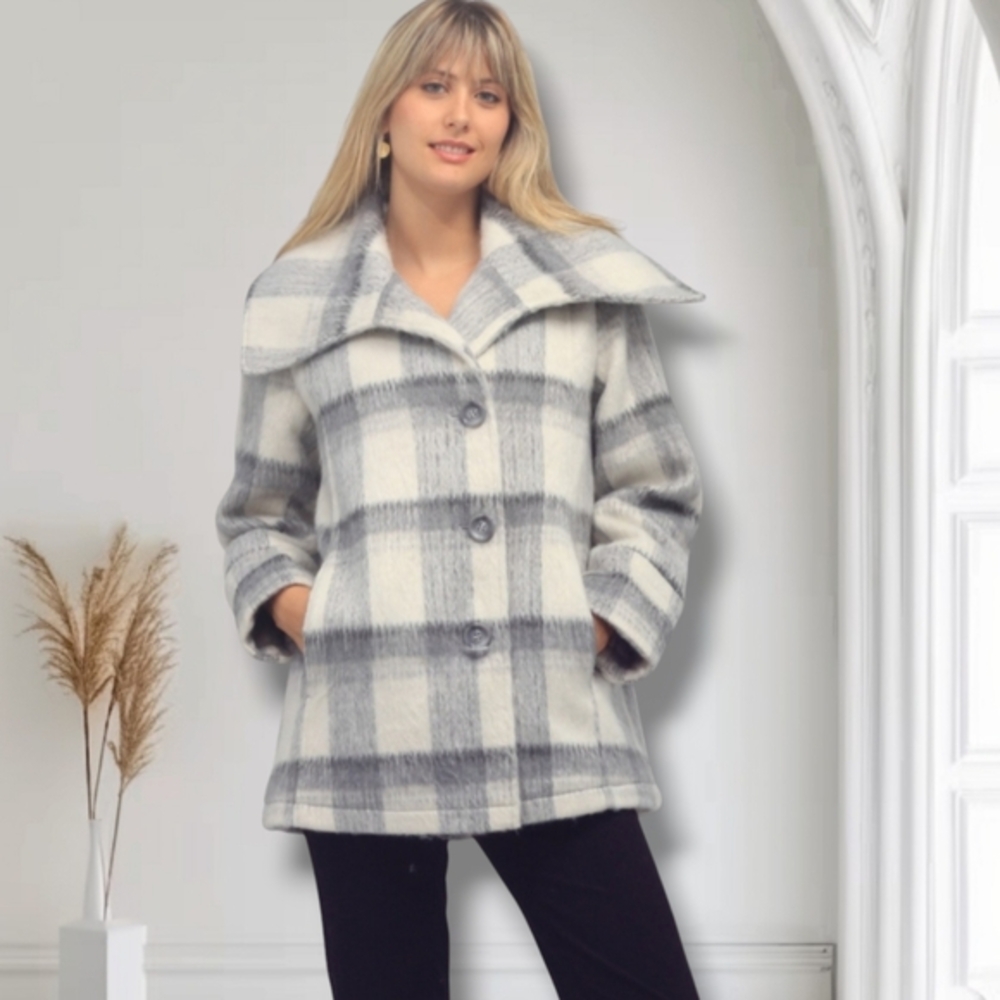 DETAILS Women's Gray & White Plaid Wool Blend Peacoat
